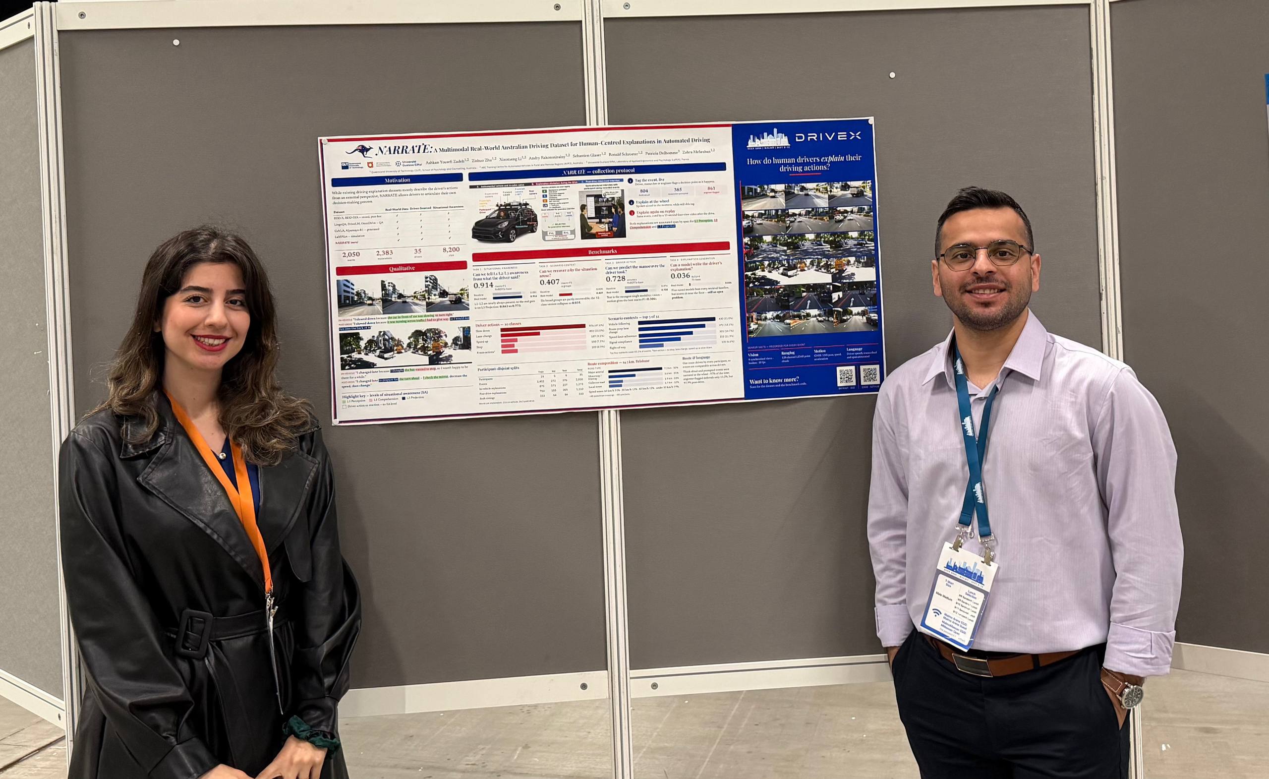 Ashkan Yousefi Zadeh and Tina Mehraban presenting the NARRATE poster at ECCV 2026 DriveX