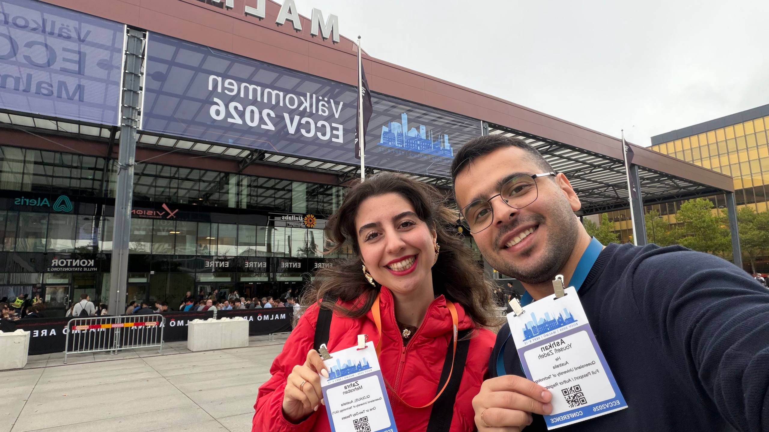 Ashkan Yousefi Zadeh and Tina Mehraban outside the ECCV 2026 venue in Malmo